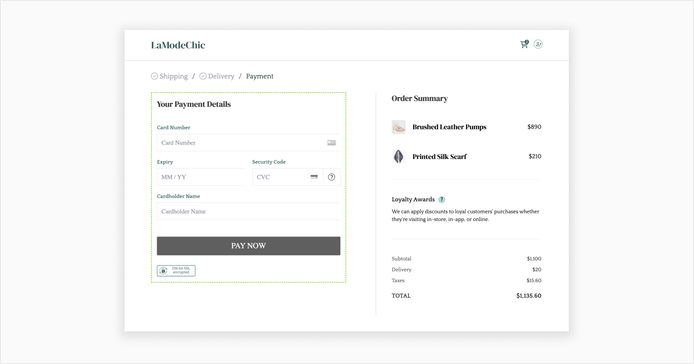 Alt text: An example of a payment form for Le Mode Chic built using Drop-In UI.