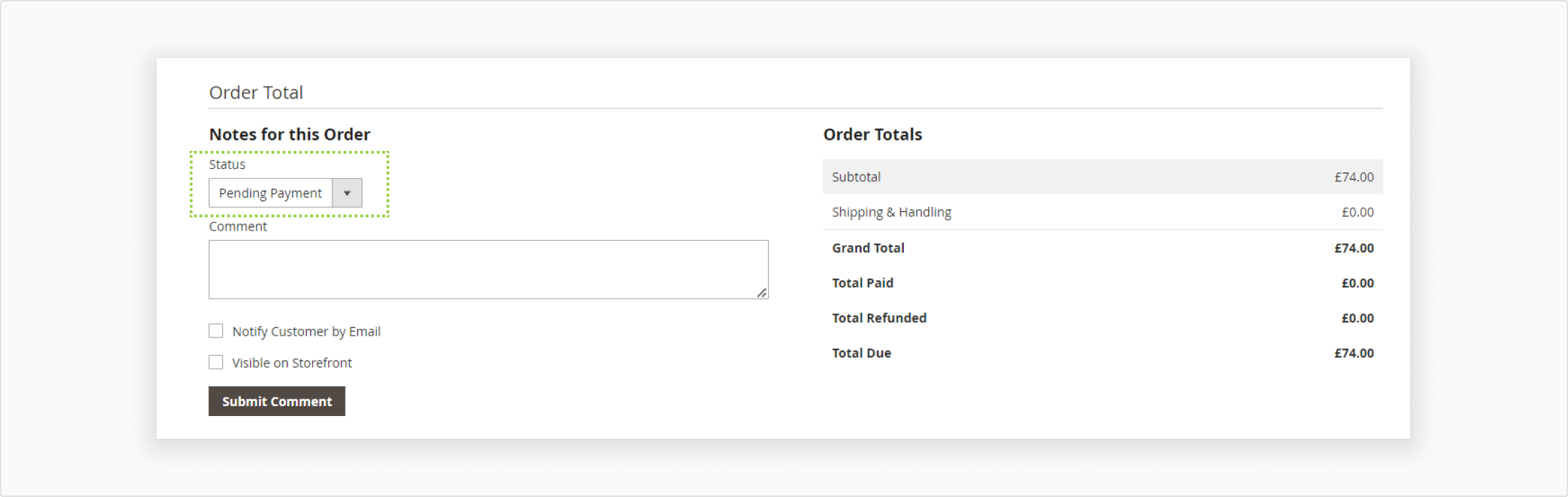 Order total screen with Submit Comment button