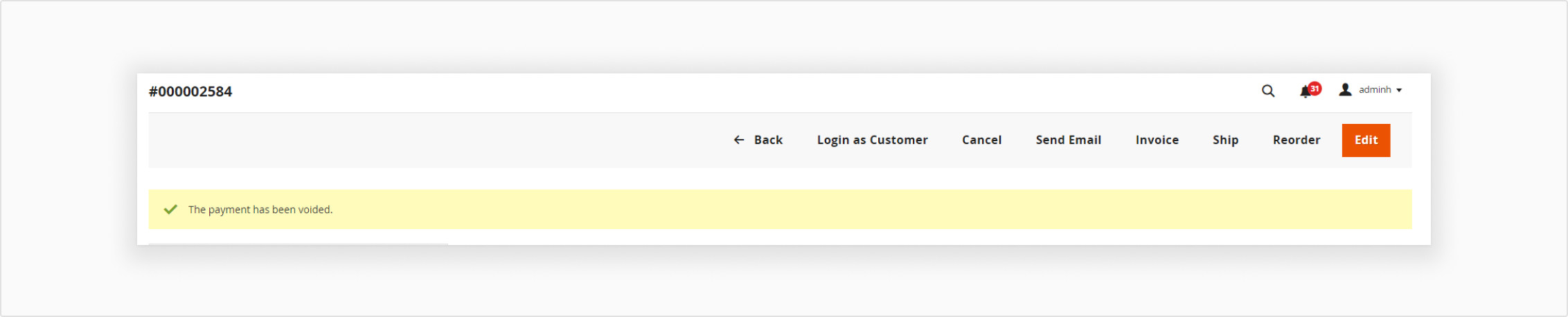 Confirmation message that the payment has been voided