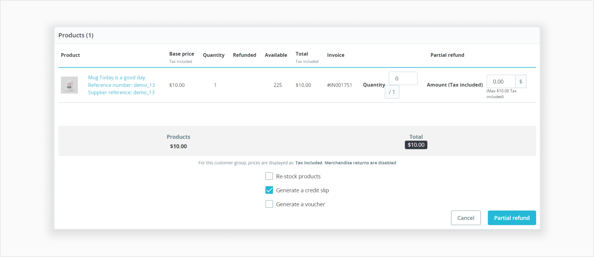 Product screen with Partial Refund button