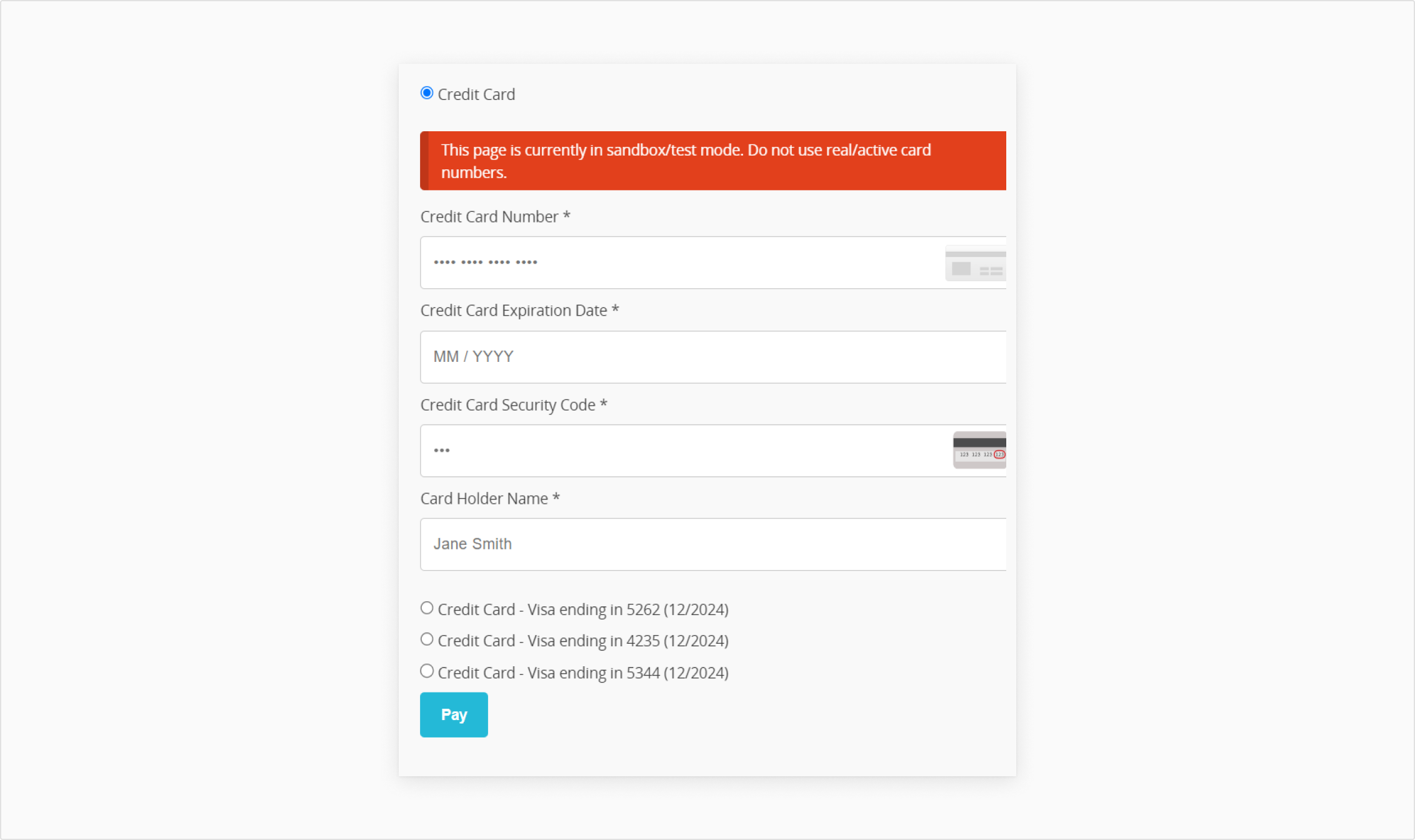Pop-up window with inputs for credit card information and Pay button