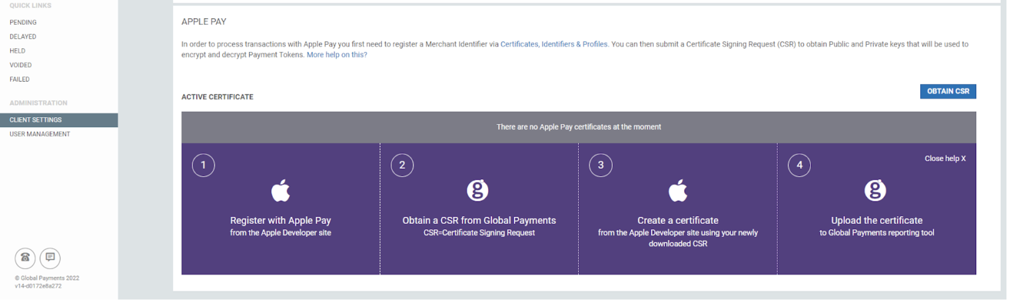 Screenshot showing the Obtain CSR button