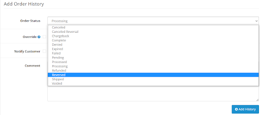Drop-down list of order statuses with Reversed selected