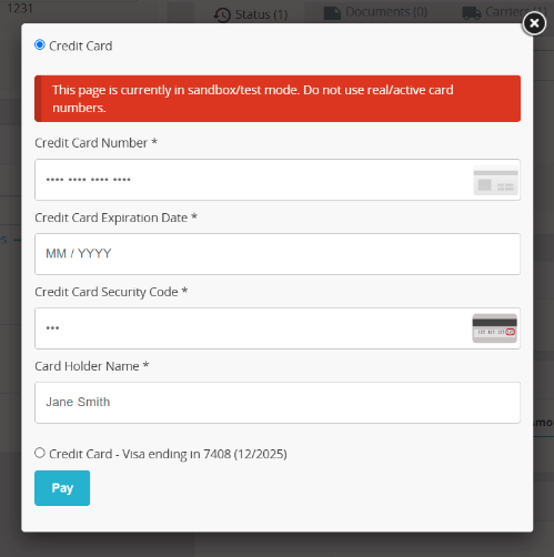 Pop-up window with inputs for credit card information and Pay button