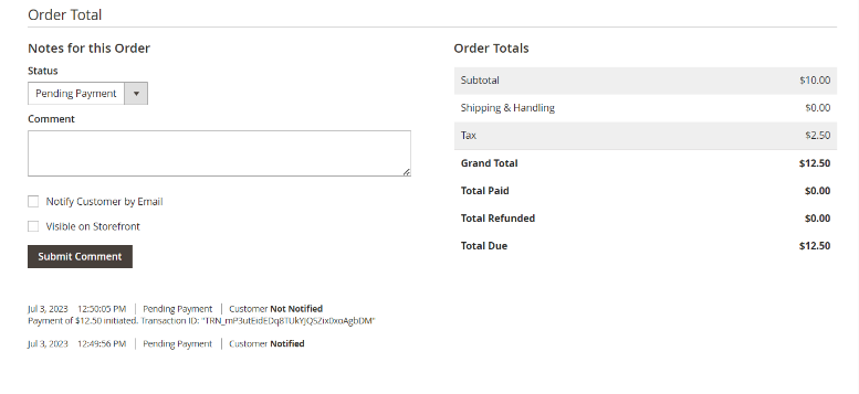 Order total screen with Submit Comment button