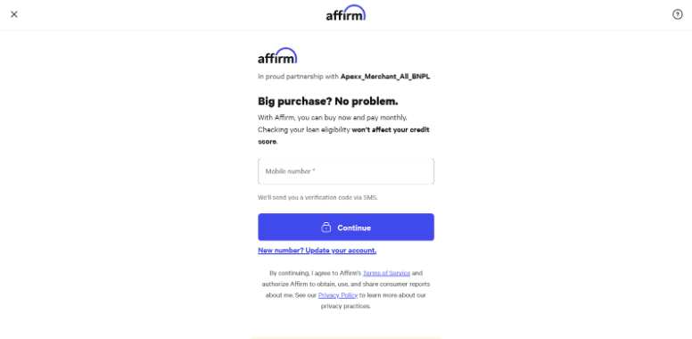 Affirm enter mobile number box and Continue button