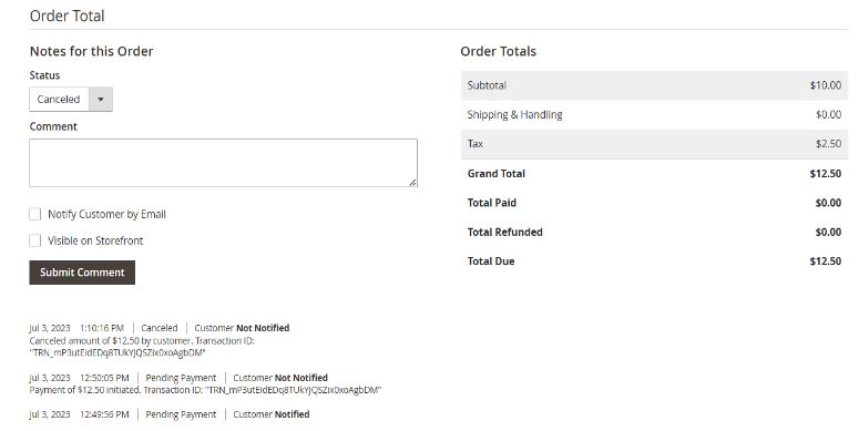 Order total screen with canceled status and Submit Comment button