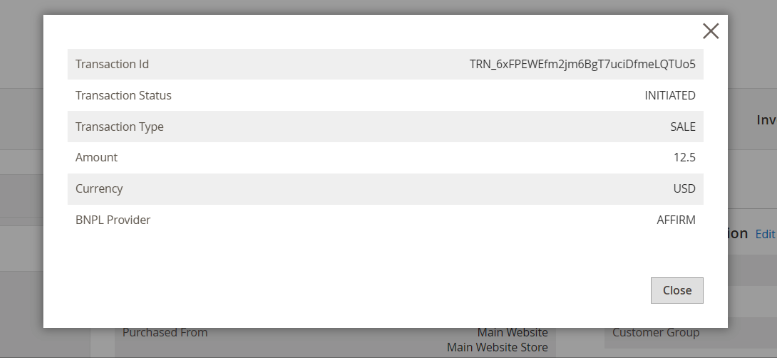 Transaction details and Close button