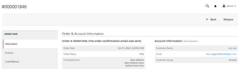 Transaction id number and details with option to Release or go back