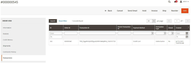 Transaction id number with. search button and edit button