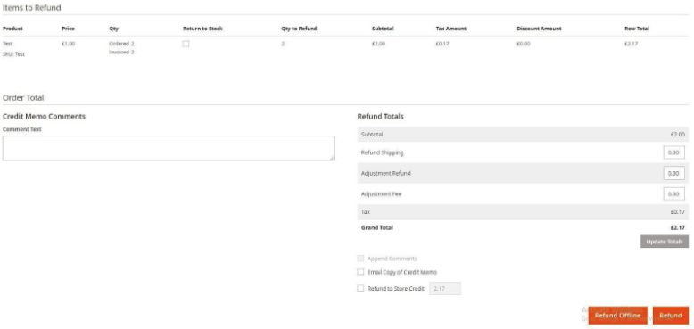 Items to refund details screen with a Refund Online button and a Refund button