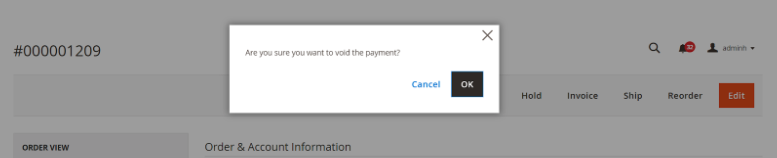 Popup window to confirm voiding the payment