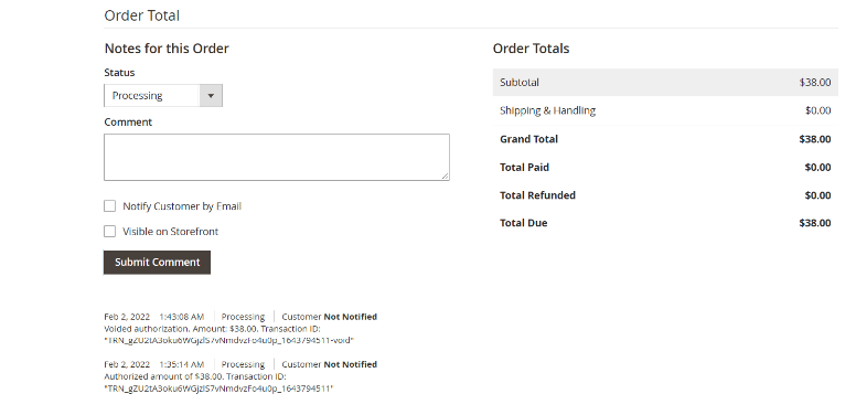 Order total screen with order processing status and Submit Comment button
