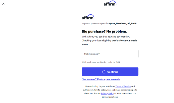 Affirm page with mobile number field and continue button