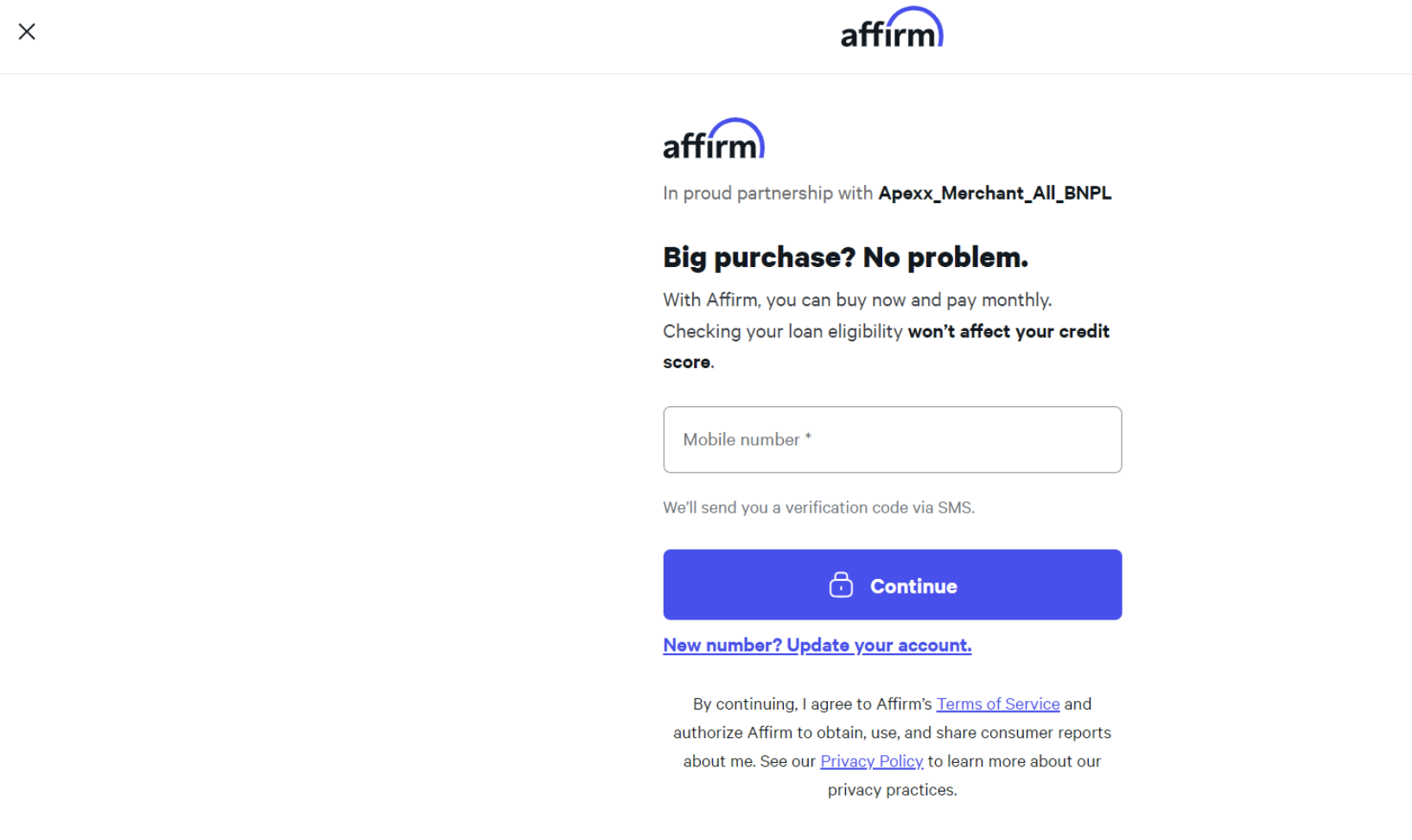 Affirm login screen with enter mobile number field and Continue button
