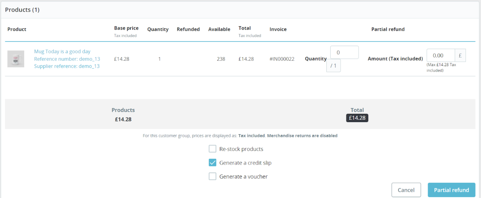 Product screen with Partial Refund button