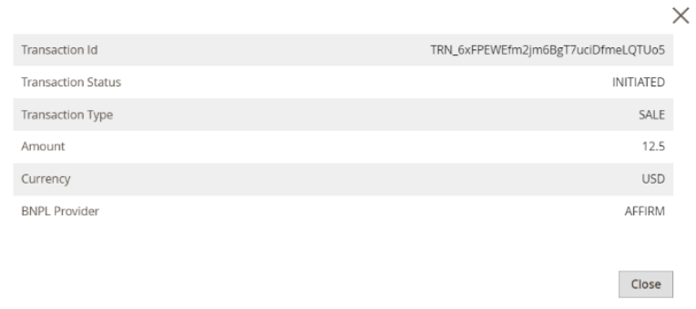 Pop-up window with transaction details