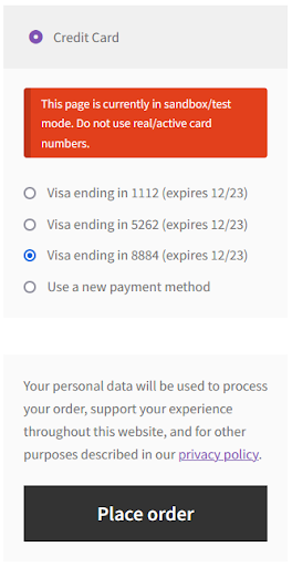 Credit card selection list and Place Order button
