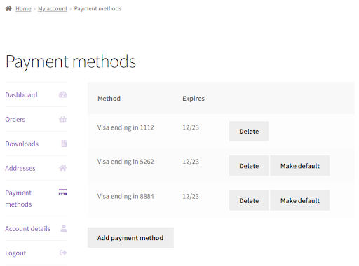 Payment methods list of stored cards