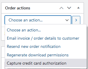 Choose an action drop-down list with Capture Credit Card Authorization selected