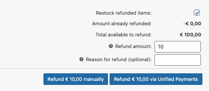 Refund input fields with buttons for refunding manually or via Unified Payments