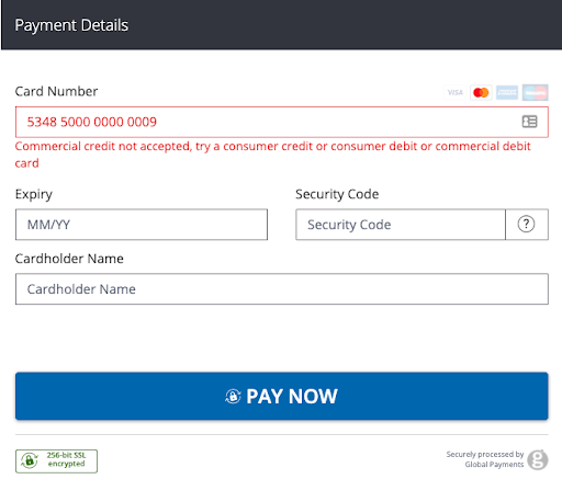 Error message in red explaining that the card is not accepted.